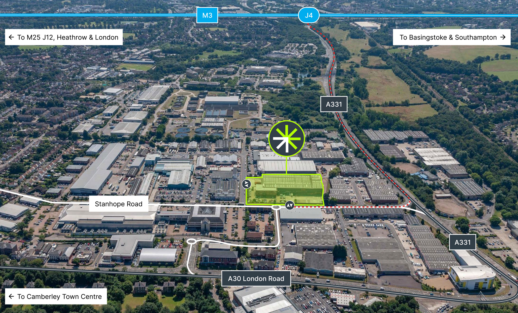 Aerial map showing location of Access M3, Camberley